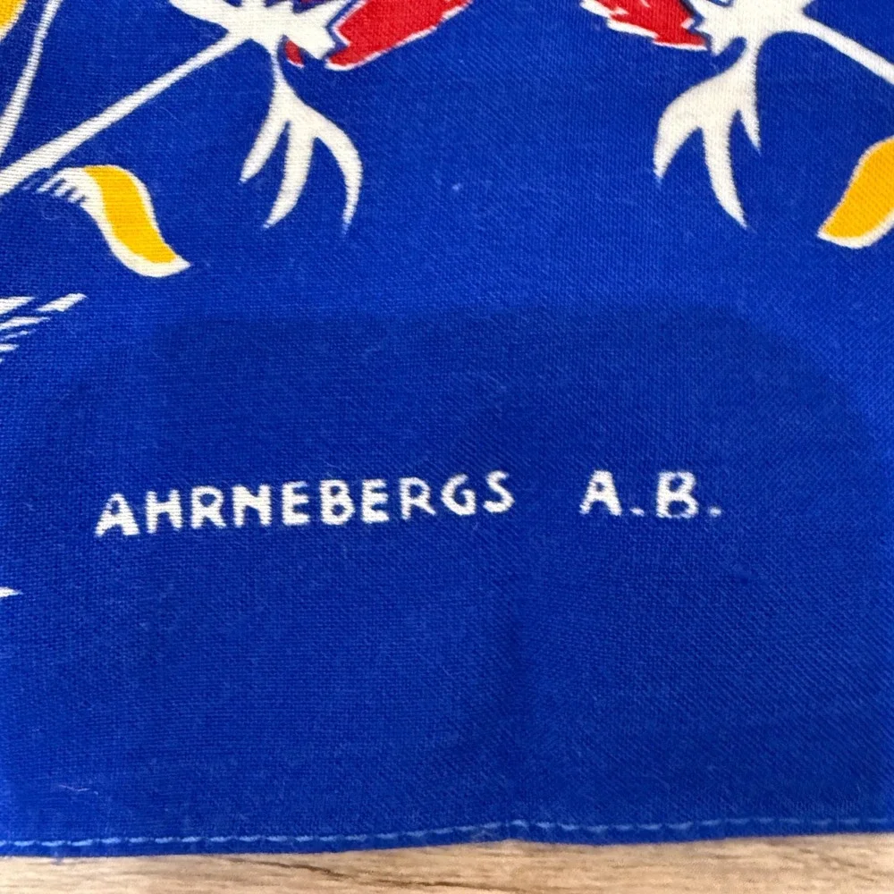Vintage Swedish Bandanna Scarf Ahrnebergs AB Hand Printed Blue Folk Art 25